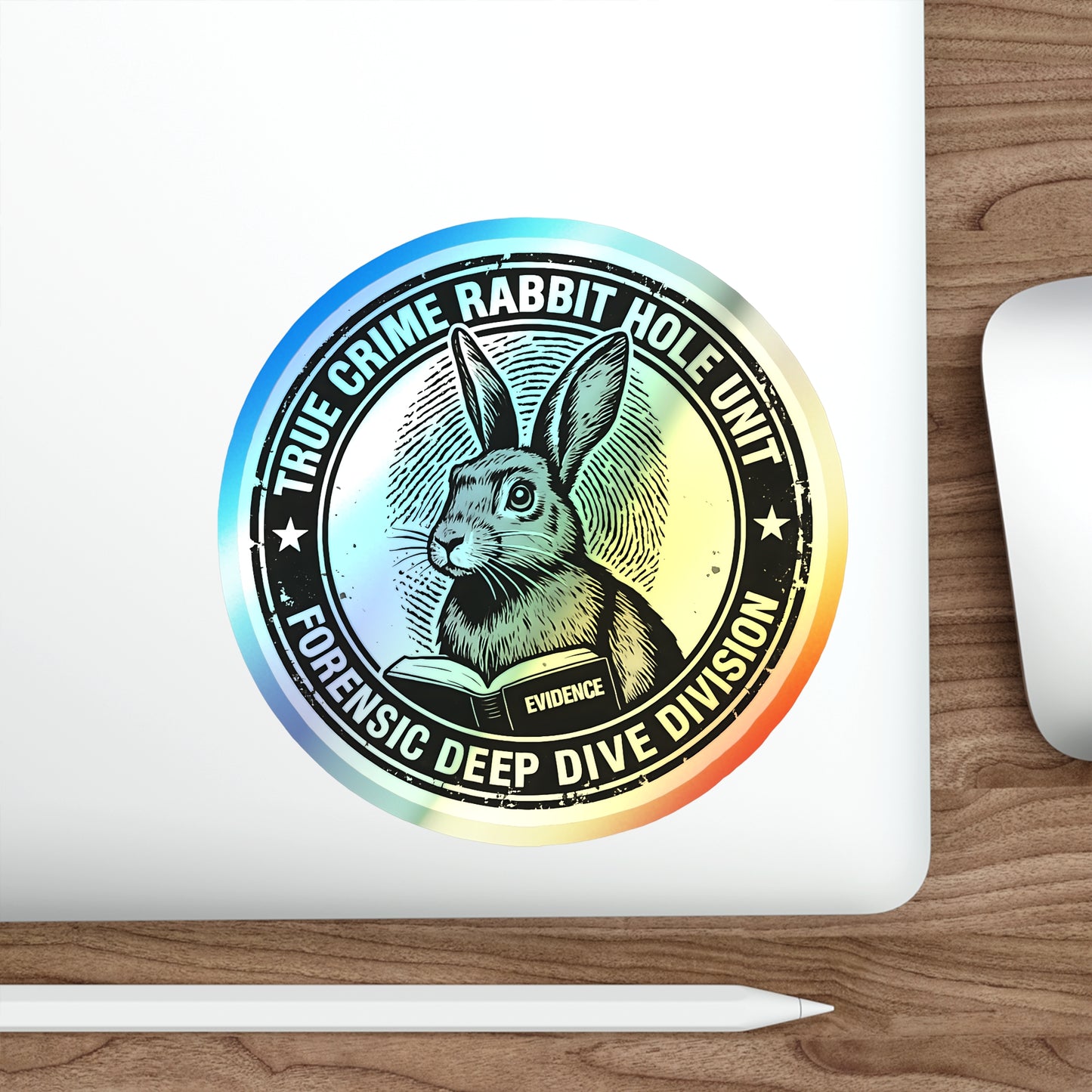 True Crime Rabbit Hole Dye Cut Stickers for Conspiracy Theorists and Documentary Lovers, Evidence Book Rabbit Sticker
