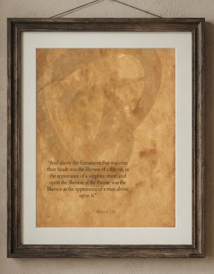 Framed text print with a brown background and white border on a beige wall.