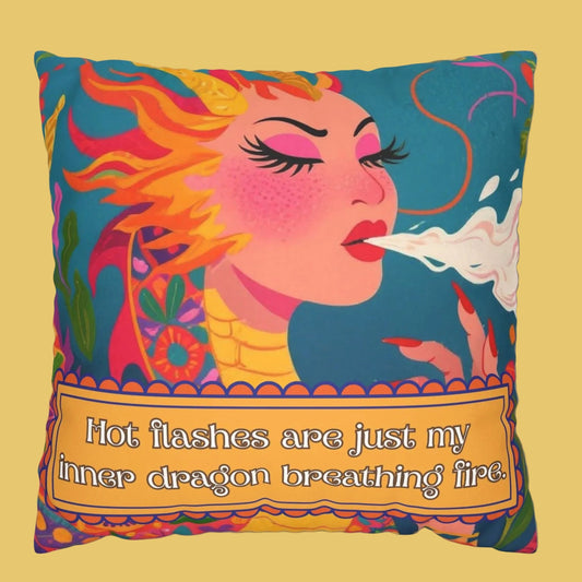 Decorative pillow with a colorful design of a woman and text on a white background