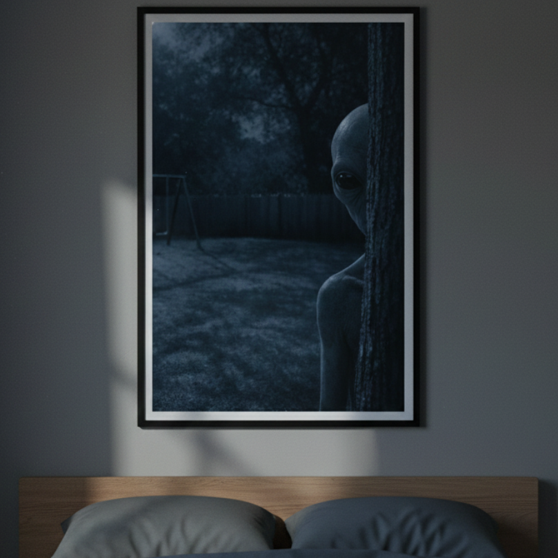Framed artwork of an alien figure on a wall above a bed in a dimly lit room.