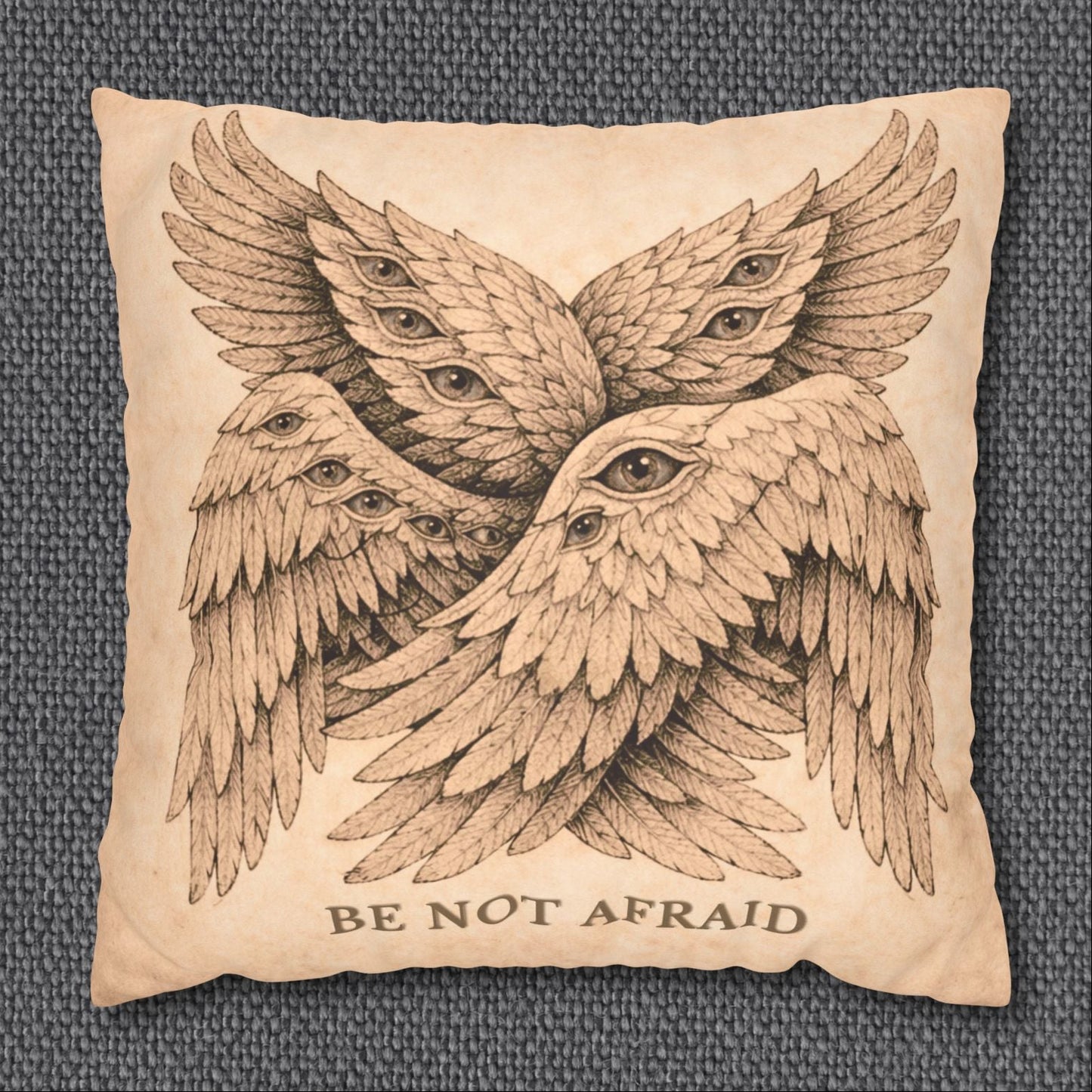 Decorative pillow with winged design and 'Be Not Afraid' text on a textured background