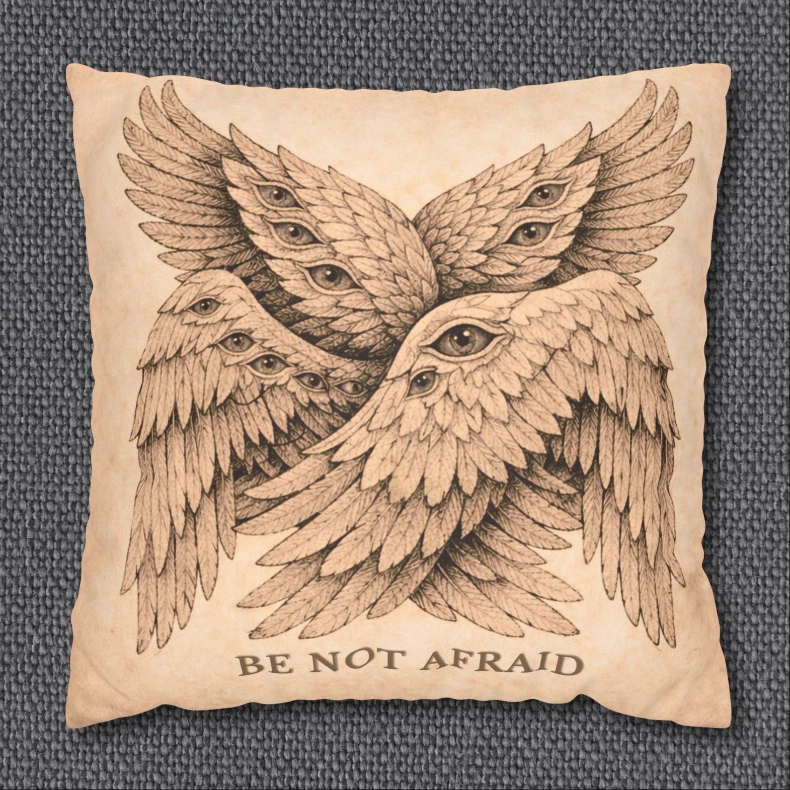Decorative pillow with winged design and 'Be Not Afraid' text on a textured background