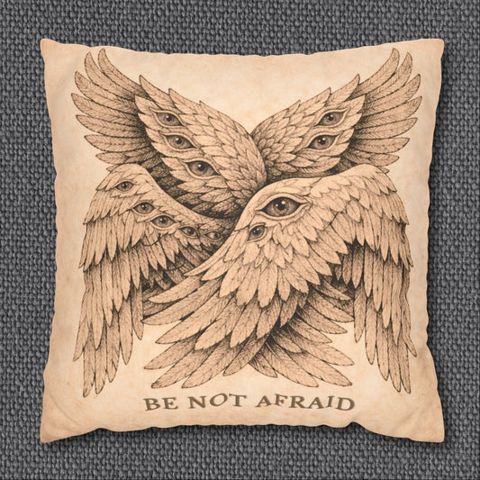 Decorative pillow with winged design and 'Be Not Afraid' text on a textured background