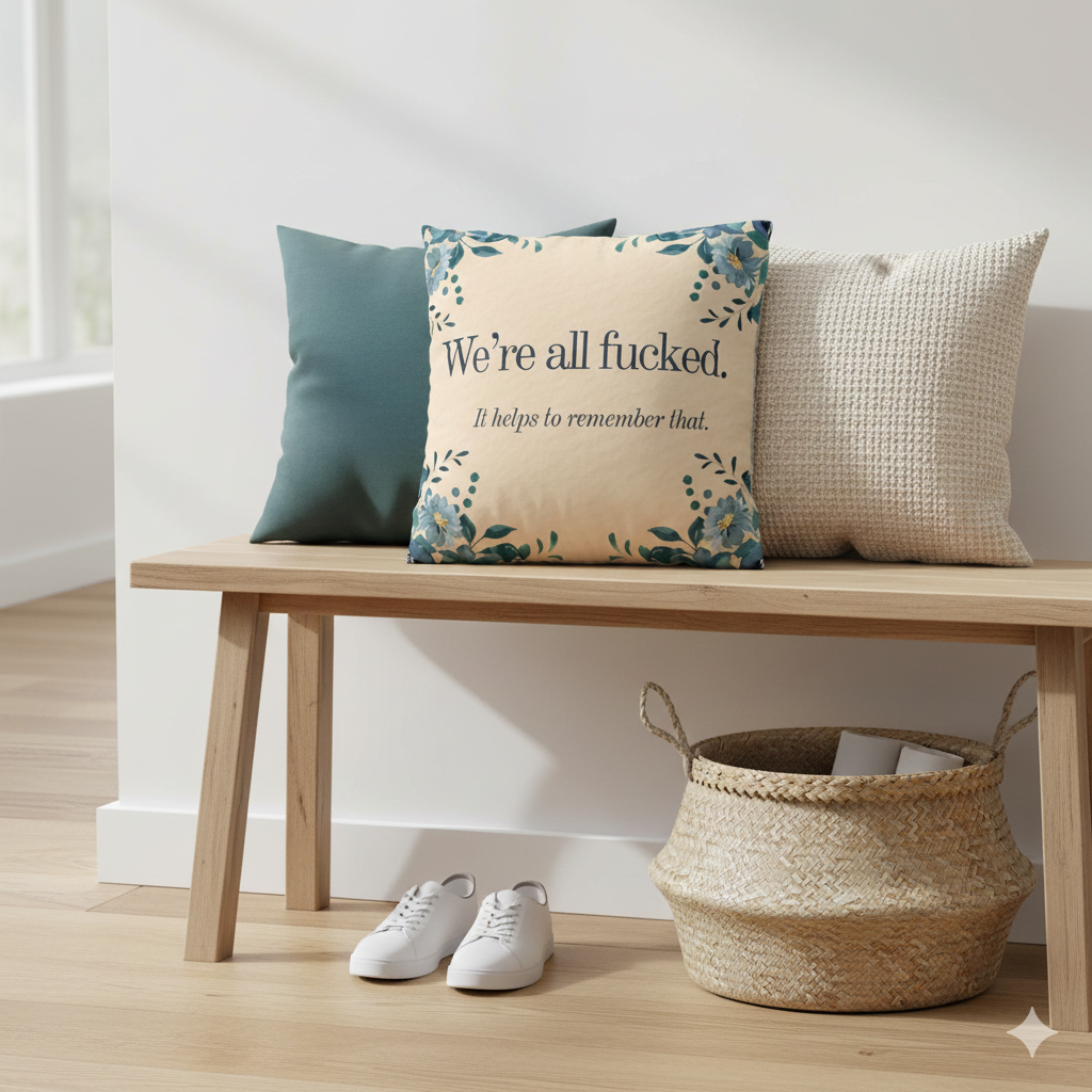 We’re All Fucked Pillow – Dark Humor Floral Throw Cushion