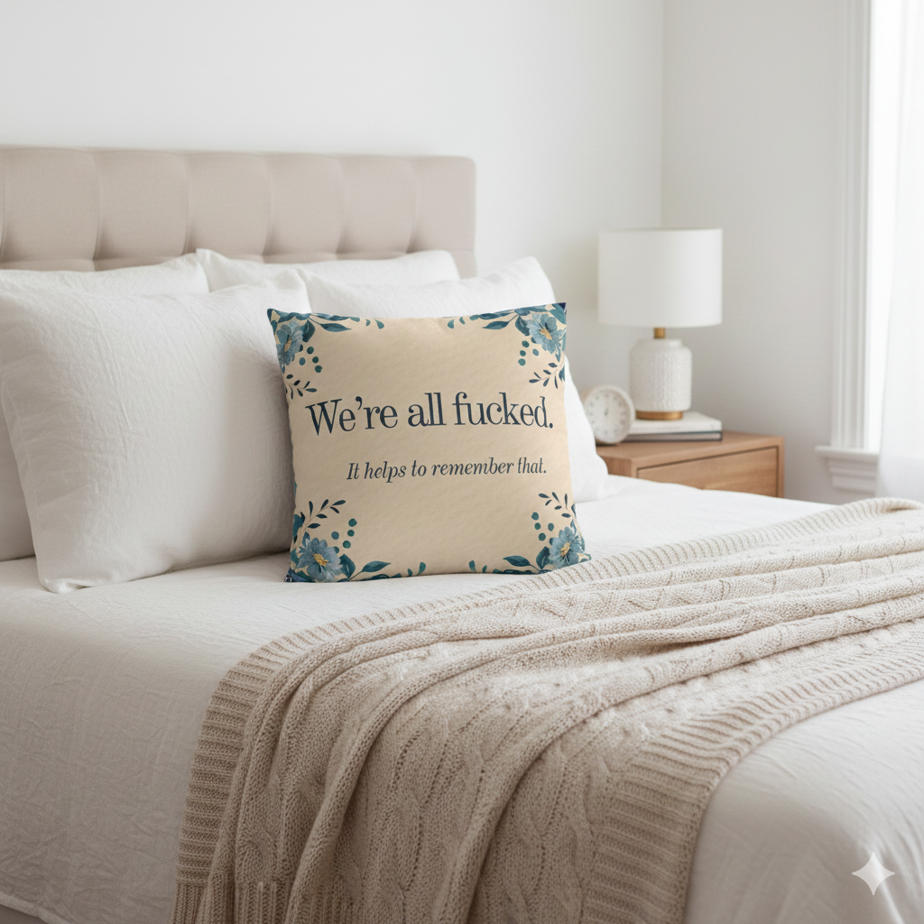 We’re All Fucked Pillow – Dark Humor Floral Throw Cushion
