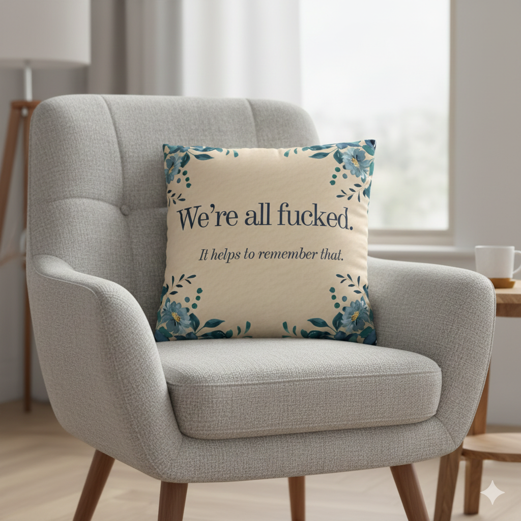 We’re All Fucked Pillow – Dark Humor Floral Throw Cushion