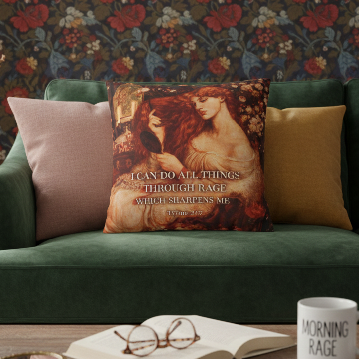 Green sofa with decorative pillows and a coffee table in a room with floral wallpaper.