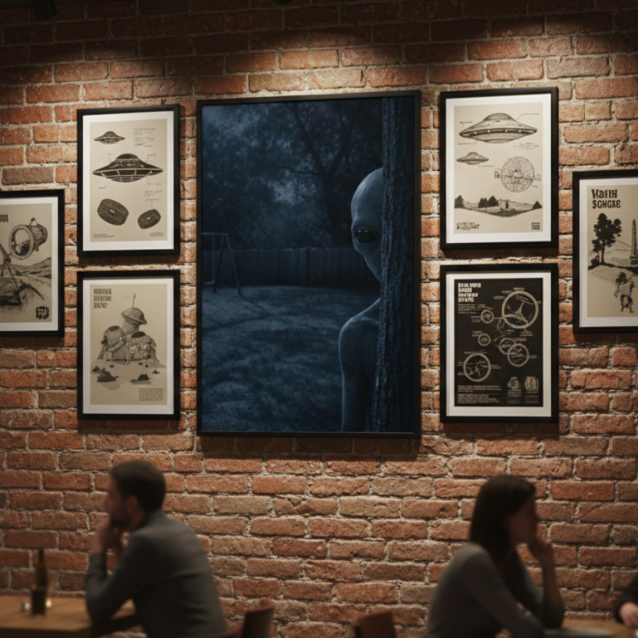 People sitting at tables in a dimly lit room with a brick wall featuring framed alien pictures.