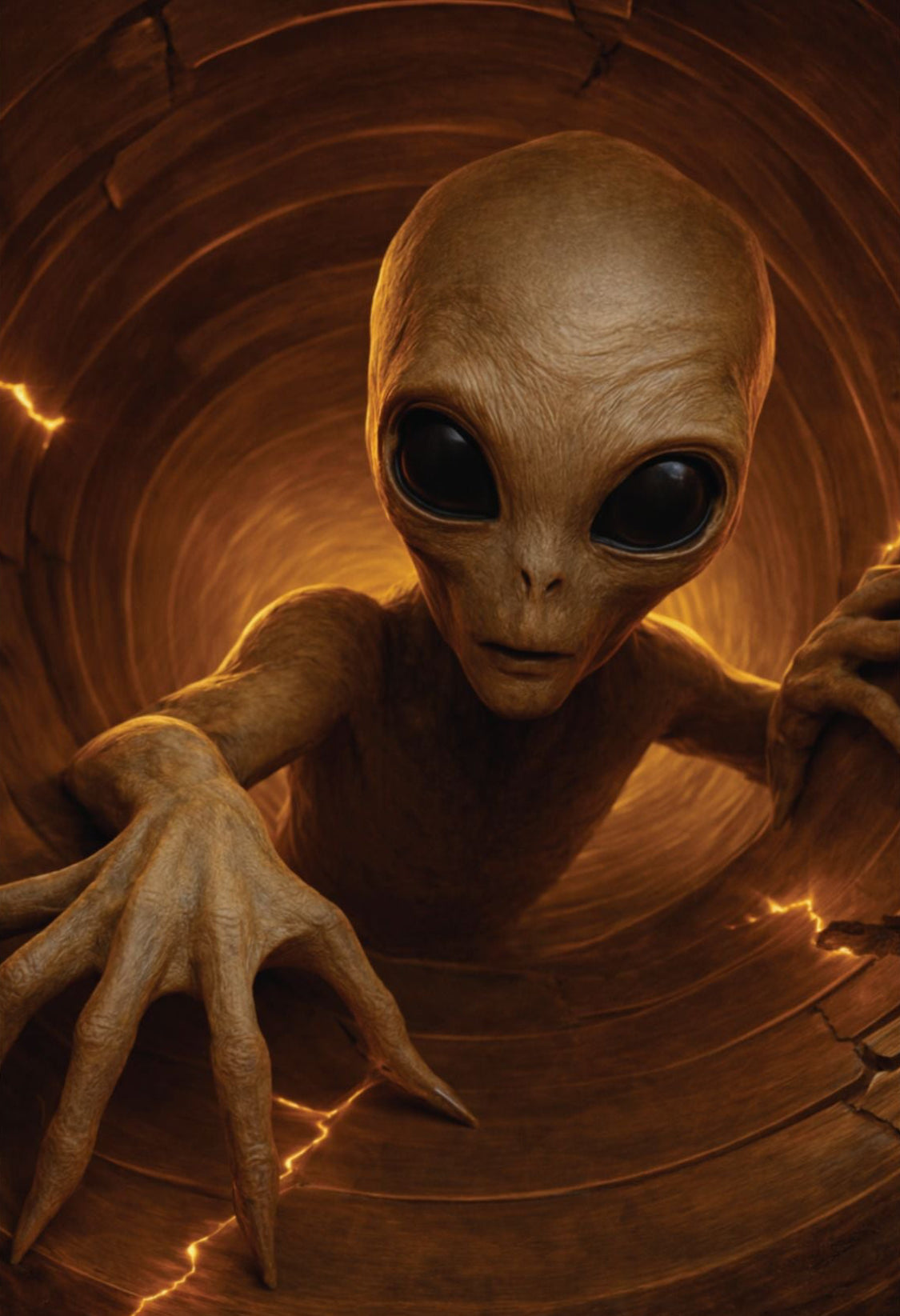 Alien creature with large eyes and outstretched hand in a dark, tunnel-like setting