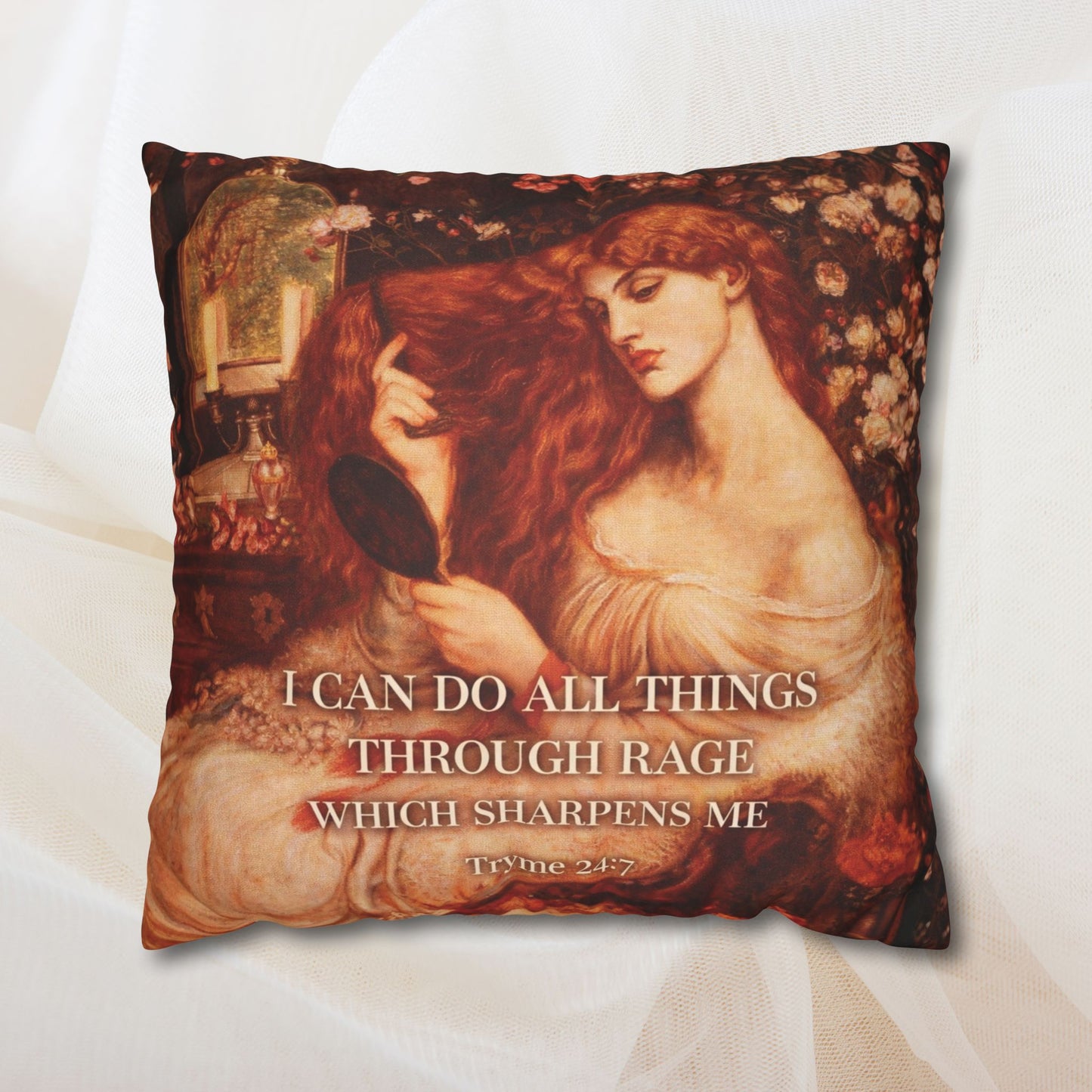 Decorative pillow with artistic design and text on a white background