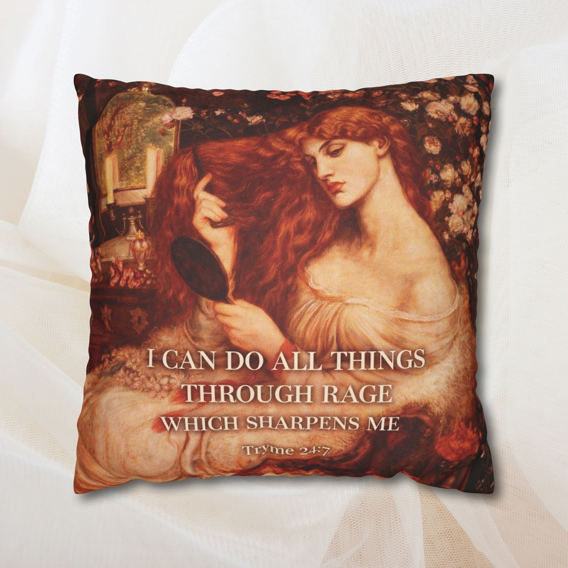 Decorative pillow with artistic design and text on a white background