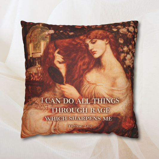 Decorative pillow with artistic design and text on a white background