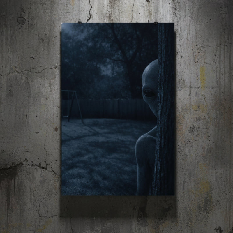 Alien figure peeking from behind a tree in a dark backyard setting