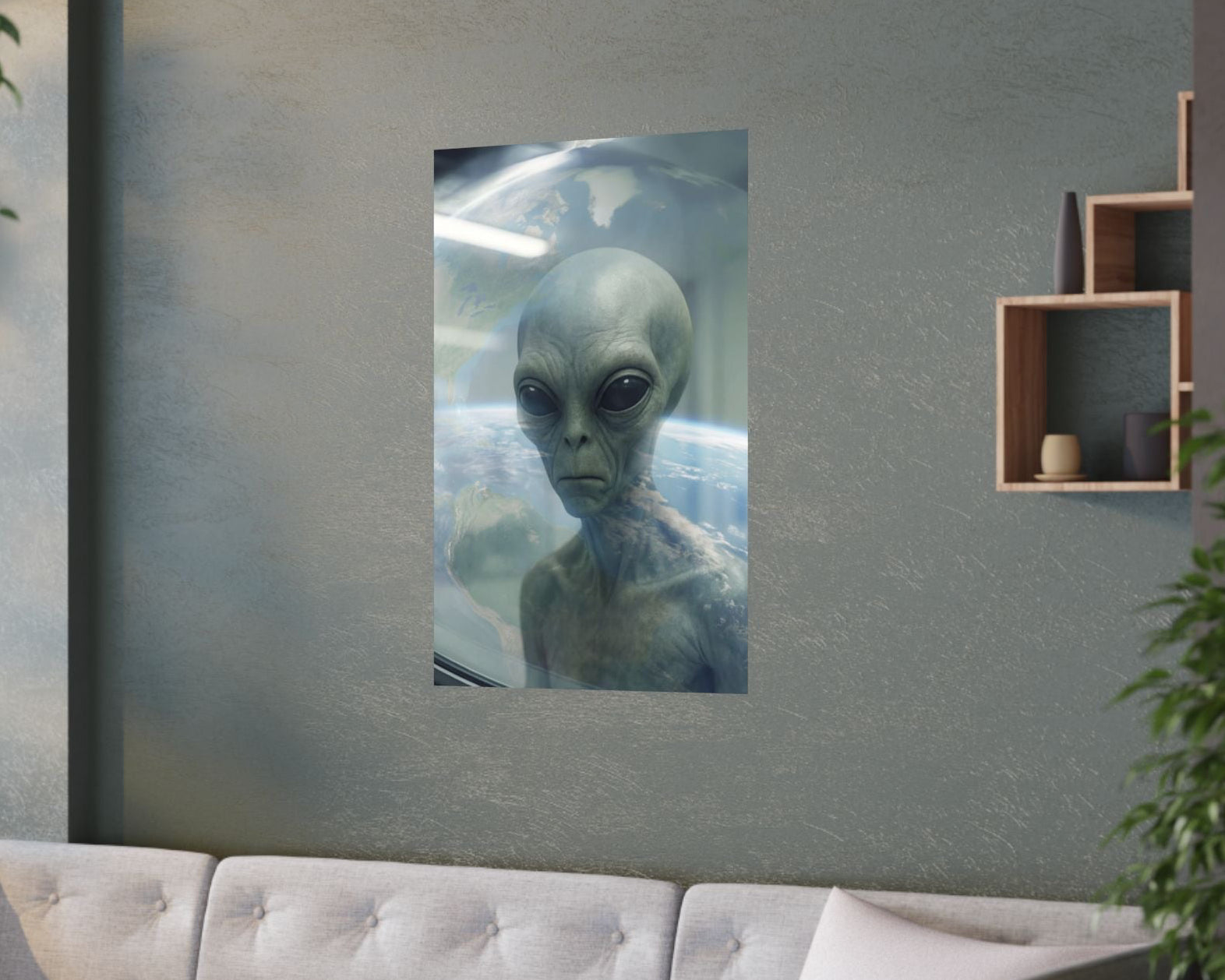 Living room with a gray wall featuring an alien artwork, a beige sofa, and decorative plants.