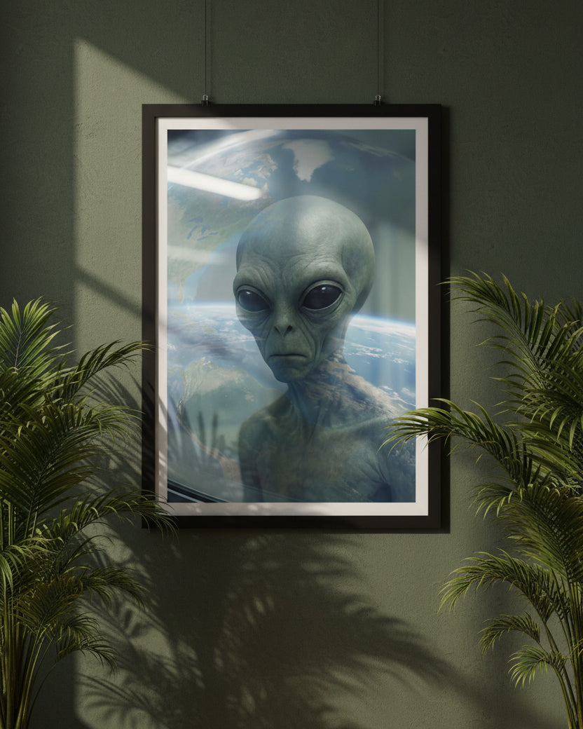 Alien grey figure inside a spacecraft watching Earth 