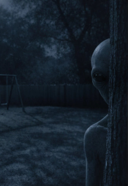 Alien-like creature peeking from behind a tree in a dark forest setting