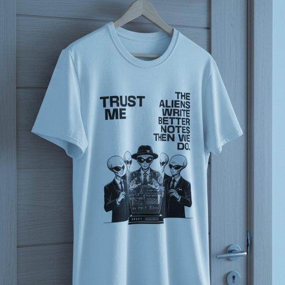 White t-shirt with graphic design and text on a white background