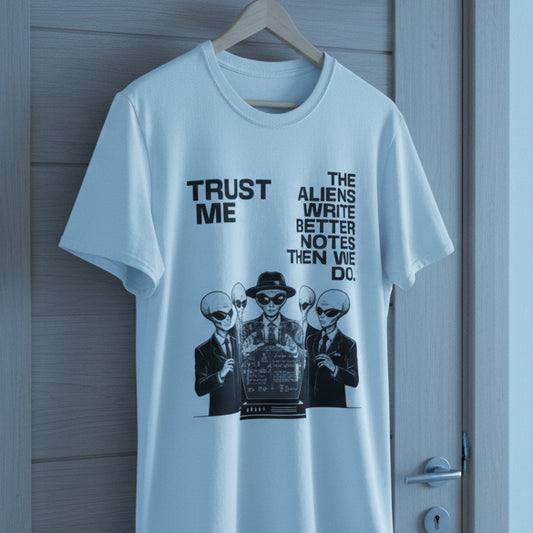 White t-shirt with graphic design and text on a white background