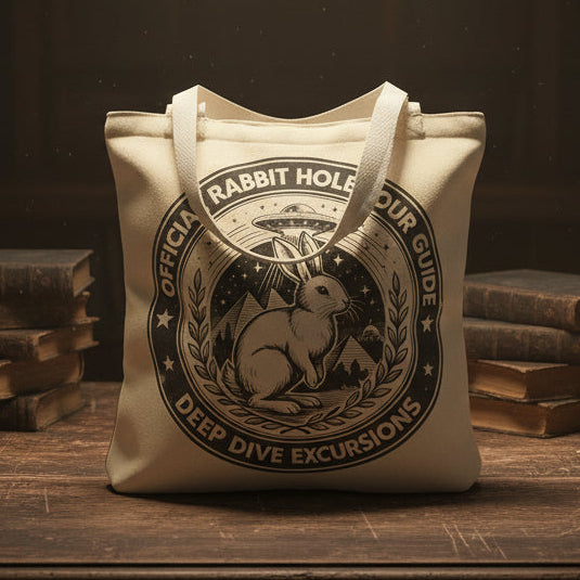 Tote bag with rabbit design and text on a white background