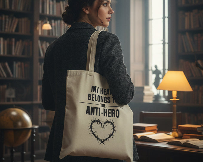 Woman holding a tote bag with text and a heart design in library 