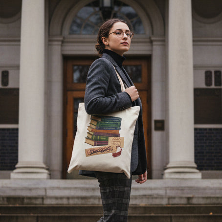 Woman carrying banned books tote bag in front of Library 