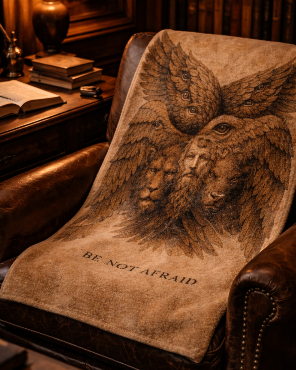 Blanket with a lion design and 'Be Not Afraid' text on a leather chair in a cozy room.