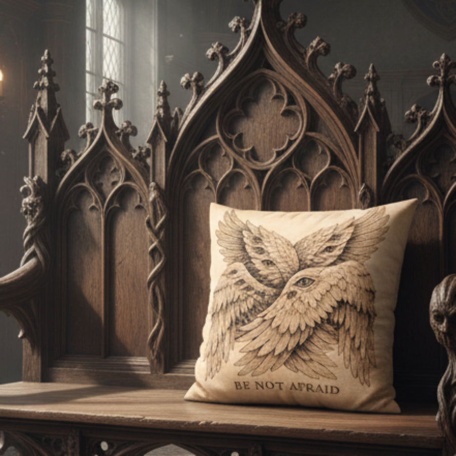 Decorative pillow with winged angel with many eyes design and 'Be Not Afraid' text on a beige background