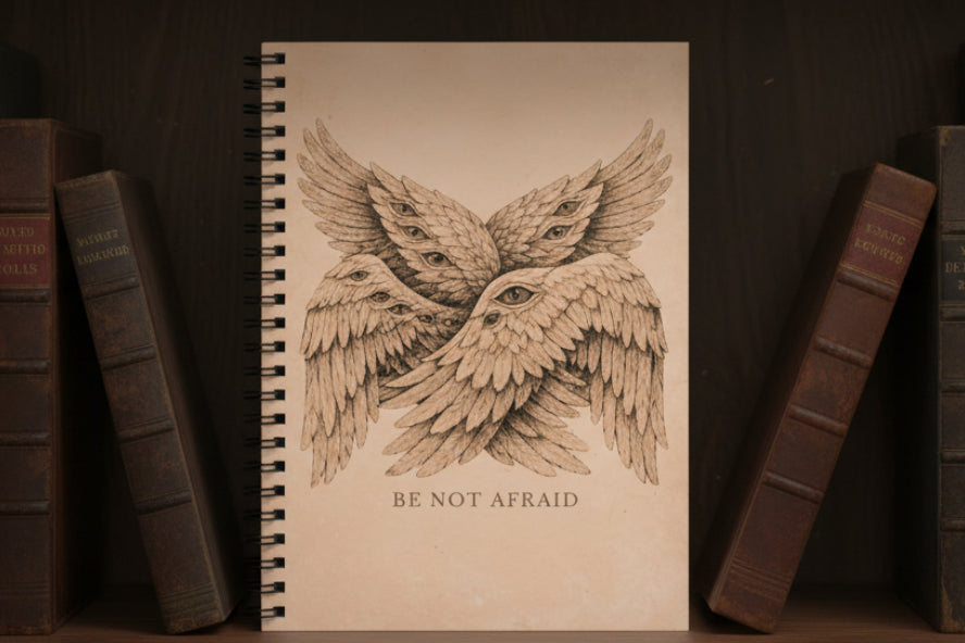Notebook with winged biblically accurate accurate angel design and 'Be Not Afraid' text on beige cover