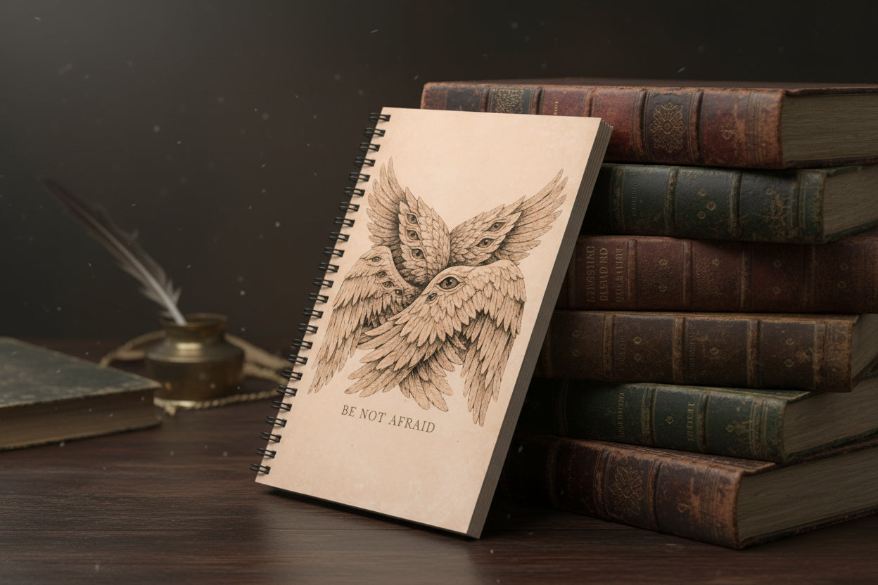 Notebook with winged design and 'Be Not Afraid' text on beige cover