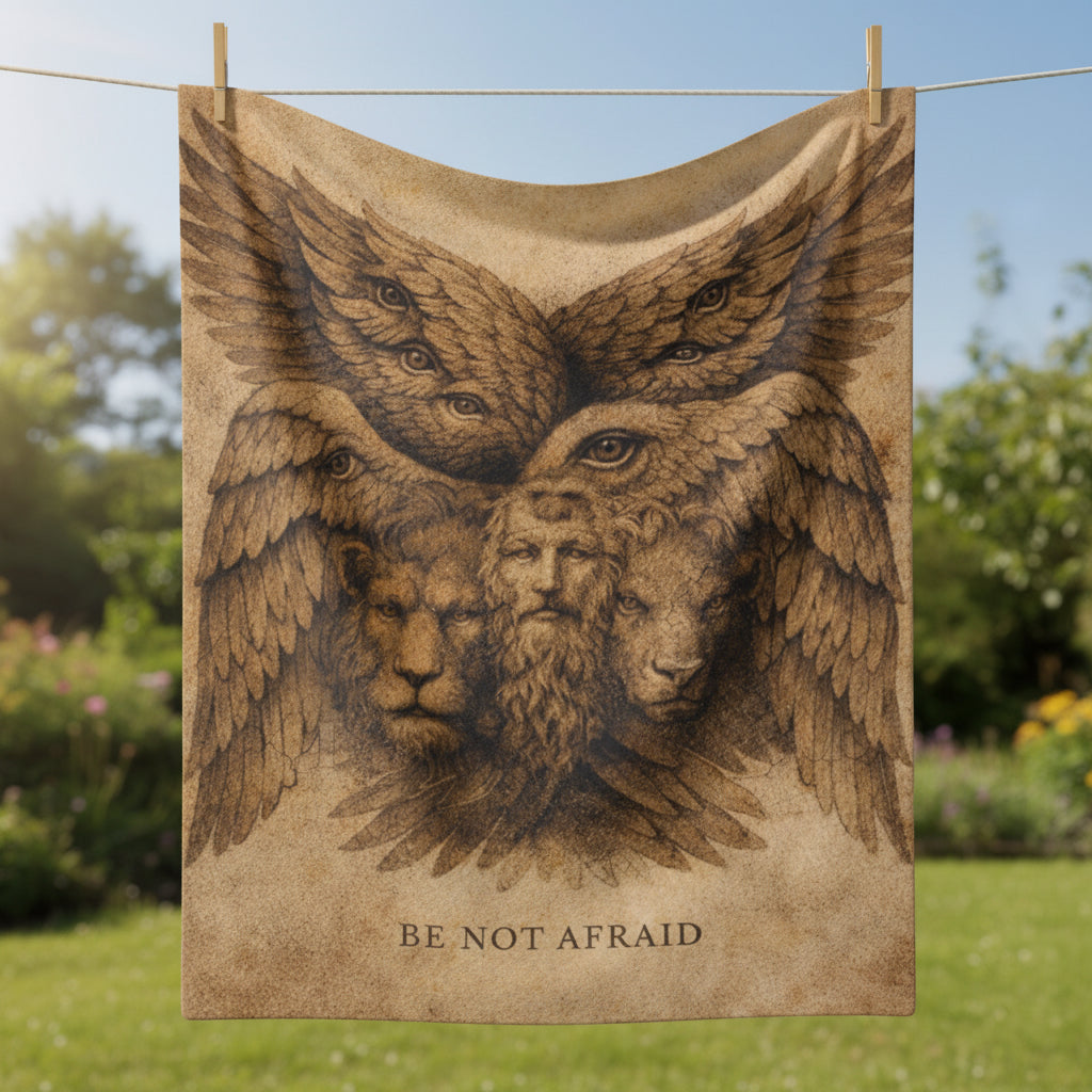 Decorative pillow with winged lion design and 'Be Not Afraid' text on a beige background