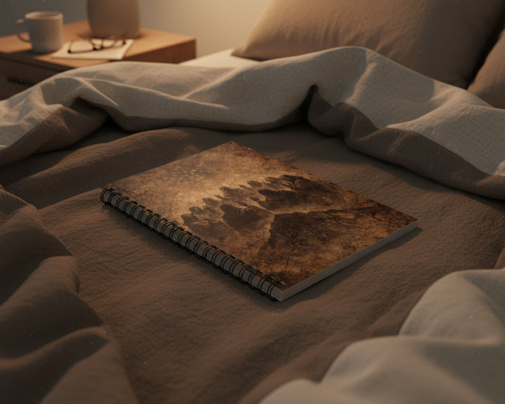 Spiral-bound notebook with a bear paw print design on a white background