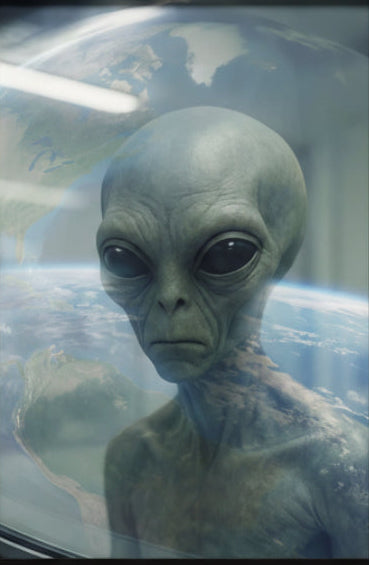 Grey alien figure inside a car with Earth in the background