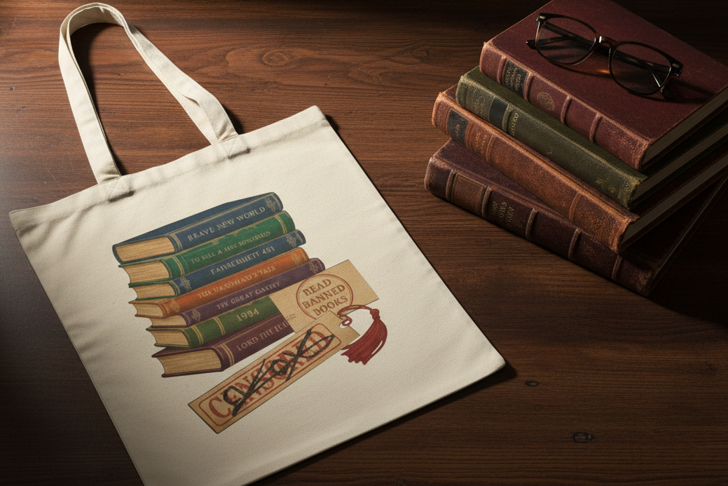 Censored books tote bag with a stack of books, including brave New World to kill a Mockingbird, Fahrenheit for 11 the handmaid’s Tale the great Gatsby 1984 and Lord of the flies