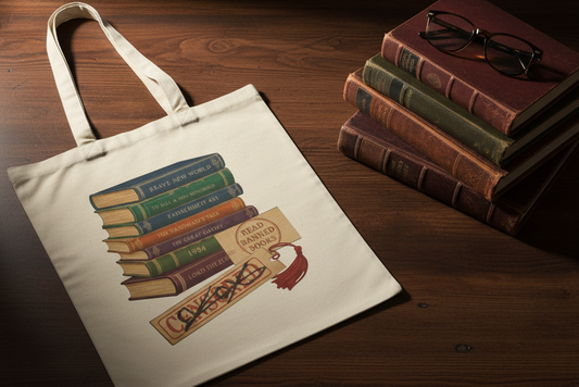 Censored books tote bag with a stack of books, including brave New World to kill a Mockingbird, Fahrenheit for 11 the handmaid’s Tale the great Gatsby 1984 and Lord of the flies