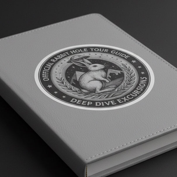 Circular logo with a rabbit illustration and text 'Official Rabbit Hole Tour Guide Deep Dive Excursions' on a leather journal