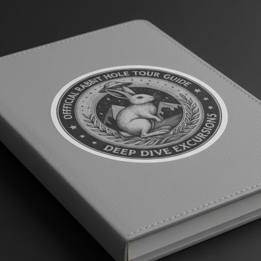 Circular logo with a rabbit illustration and text 'Official Rabbit Hole Tour Guide Deep Dive Excursions' on a leather journal