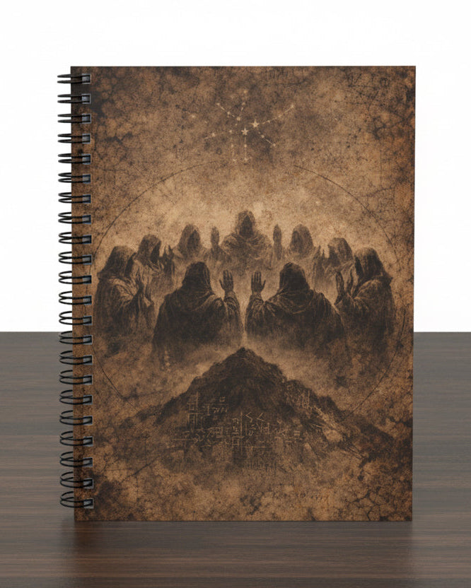 Notebook with mountain design on the cover against a white background