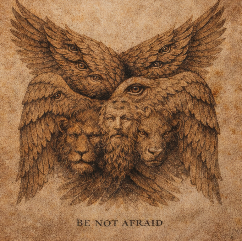 Decorative mat with a lion and eagle design and 'Be Not Afraid' text on a textured brown background