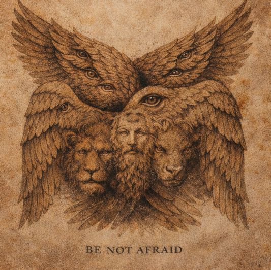 Decorative mat with a lion and eagle design and 'Be Not Afraid' text on a textured brown background