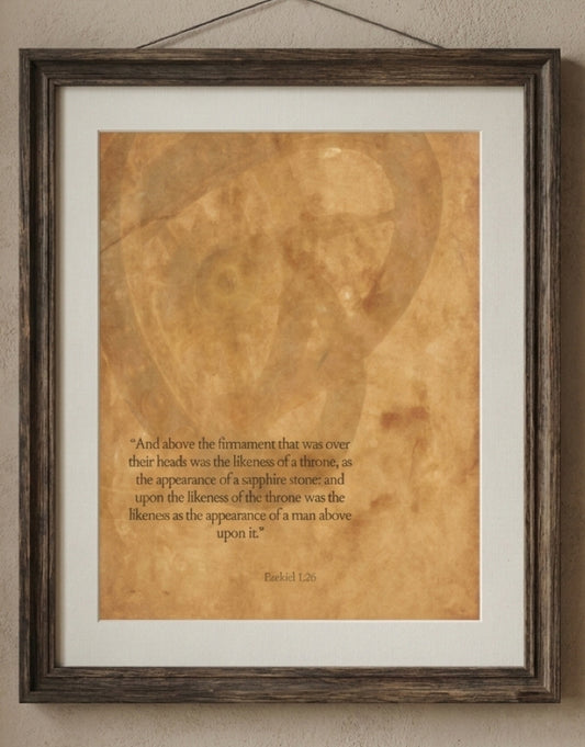 Framed text print with a brown background and white border on a beige wall.