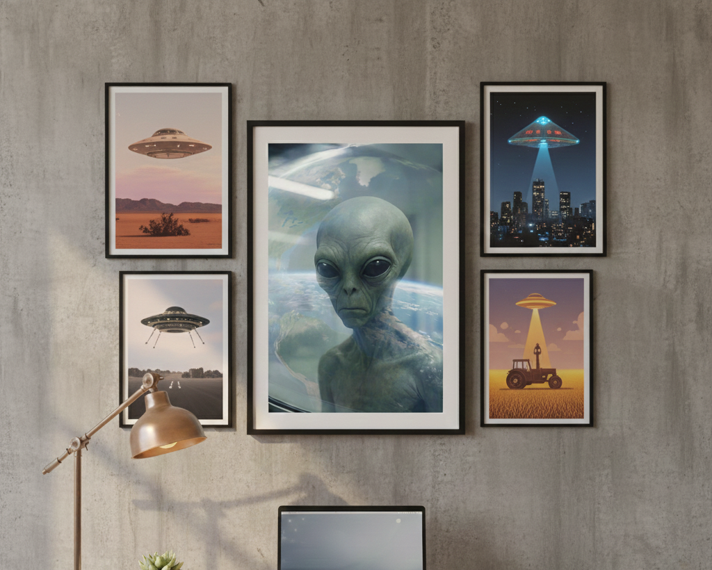 Decorative wall with framed alien and UFO art prints above a desk.