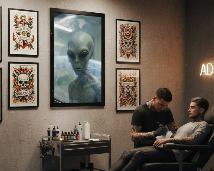 Tattoo studio interior with a tattoo artist and client, neon sign, and framed tattoos on the wall.