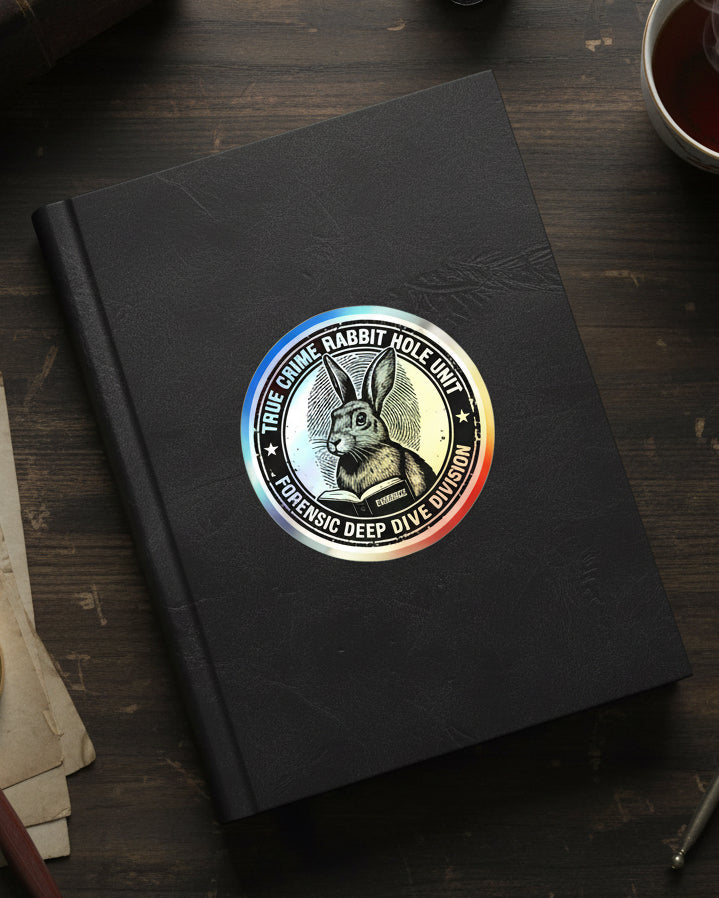 Circular logo with a rabbit holding a book, labeled 'True Crime Rabbit Hole Unit' on a journal.
