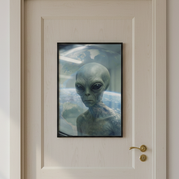 White door with an alien painting on a light gray wall