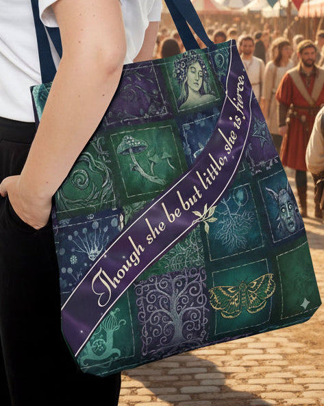 Person holding a patterned tote bag with text on a white background