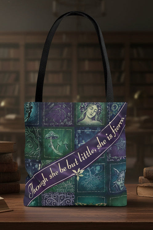 Tote bag with decorative design and text on a white background