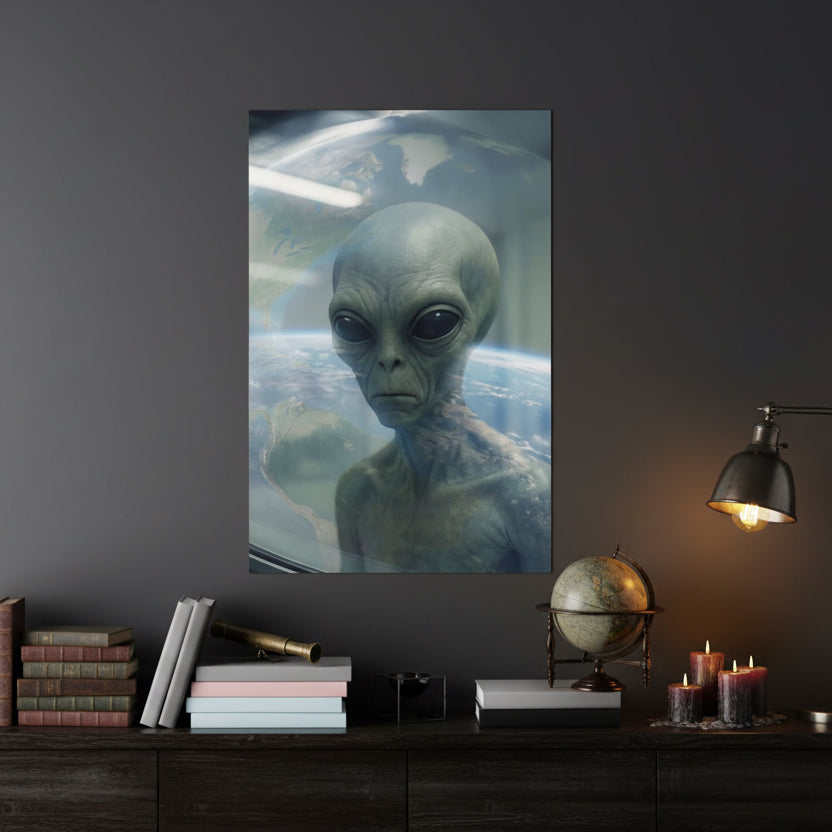 Framed picture of an alien on a wall above a shelf with decor items.