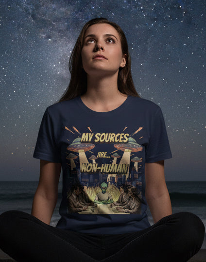 Navy blue t-shirt with graphic design featuring people around a table with alien