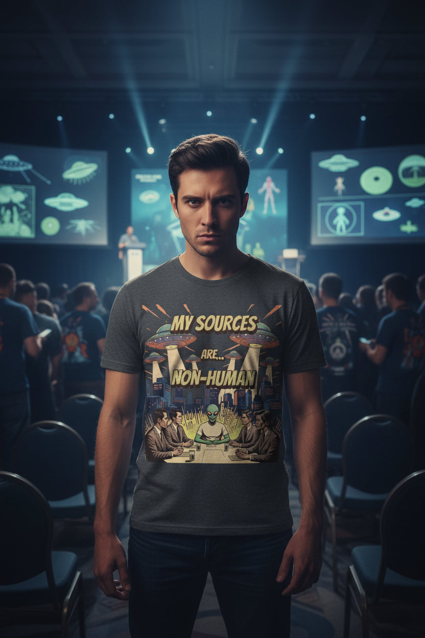 Man wearing Non human sources alien tshirt at ufo convention