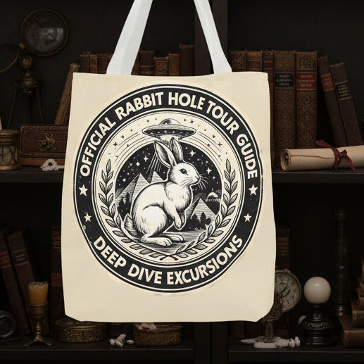 Tote bag with rabbit design and text held by a hand on a white background